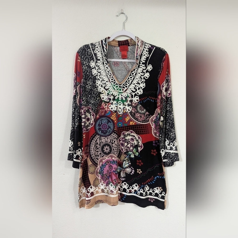 V Cristina Women's LS Embroidered Floral V Neck Top Black